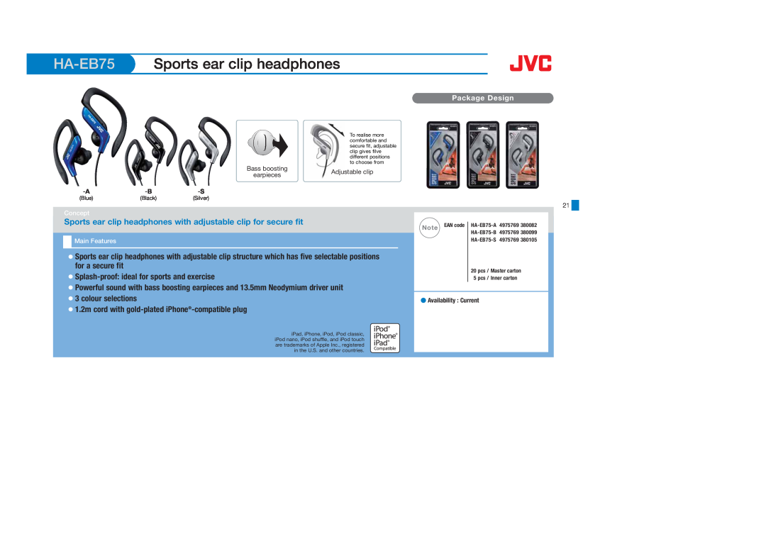 JVC HA-S600-W, HAS400W, HAS400B, HAFX40B, HAFX101R, HAFX5B, HAFX101B, HAFX101G, HA-FX5B, HAF10C HA-EB75 Sports ear clip headphones 