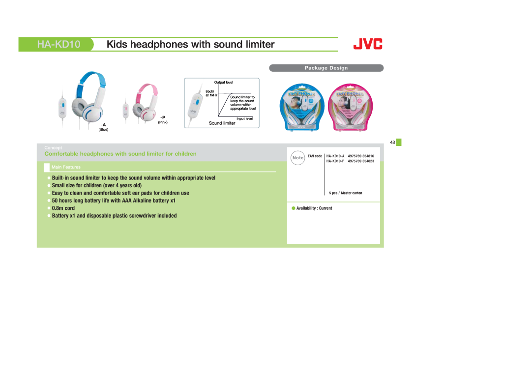 JVC HAFX101G, HAS400W, HAS400B, HAFX40B, HAFX101R, HAFX5B, HAFX101B, HA-S600-W, HAF10C HA-KD10 Kids headphones with sound limiter 