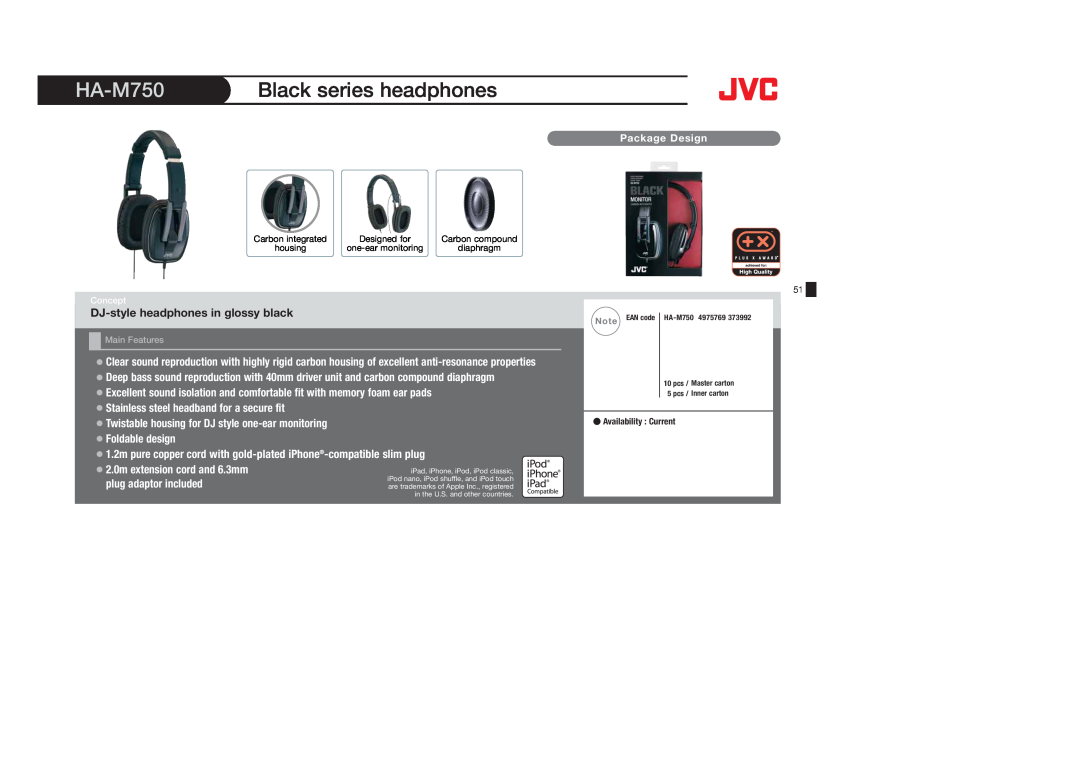 JVC HA-S650, HAS400W, HAS400B, HAFX40B, HAFX101R, HAFX5B HA-M750, Black series headphones, DJ-styleheadphones in glossy black 