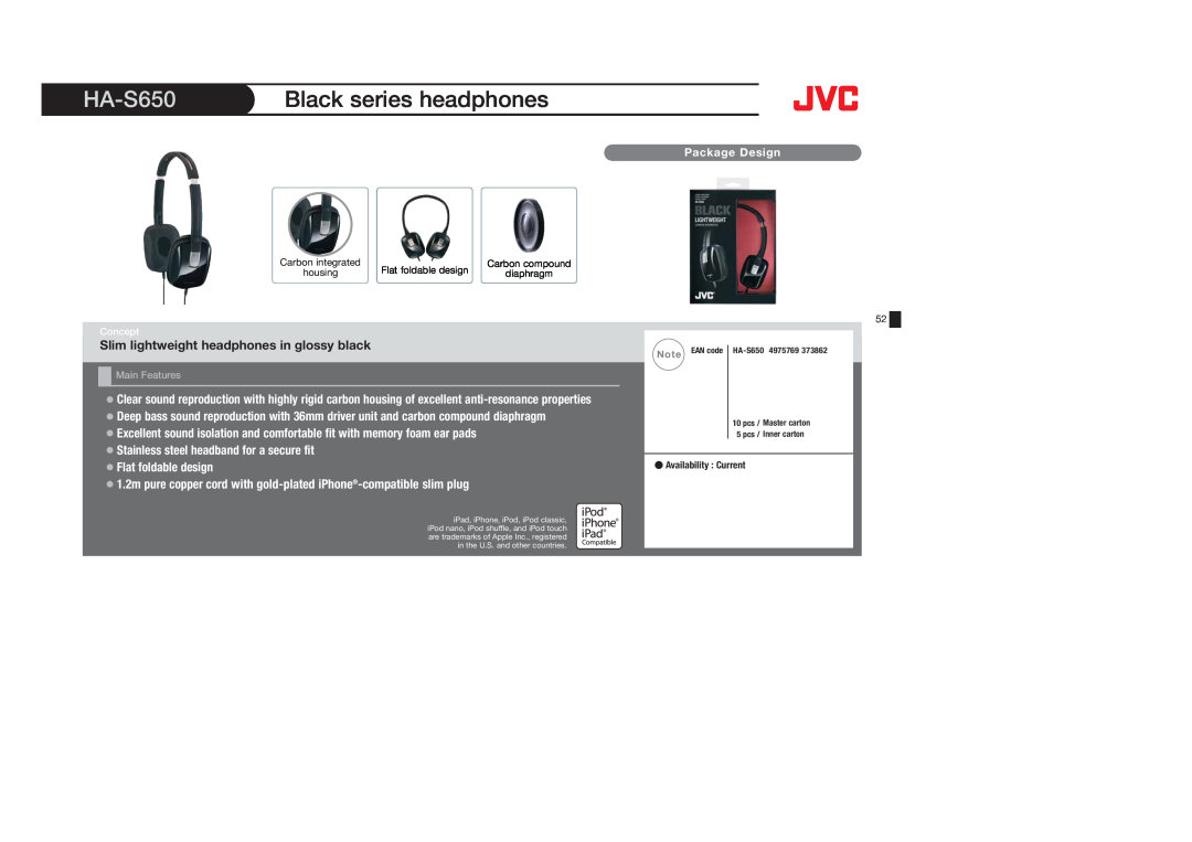 JVC HAF150A, HAS400W, HAS400B, HAFX40B, HAFX5B HA-S650, Black series headphones, Slim lightweight headphones in glossy black 