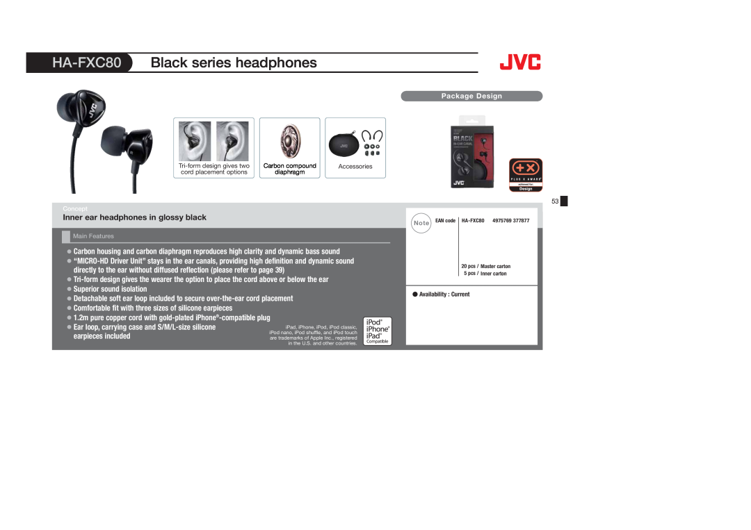 JVC HAF10C, HAS400W, HAS400B, HAFX40B, HAFX101R manual HA-FXC80, Black series headphones, Inner ear headphones in glossy black 