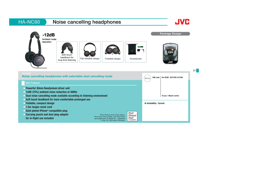 JVC HAS400B HA-NC80, Noise cancelling headphones, 12dB, Ambient noise, reduction, Concept, Main Features, Note EAN code 