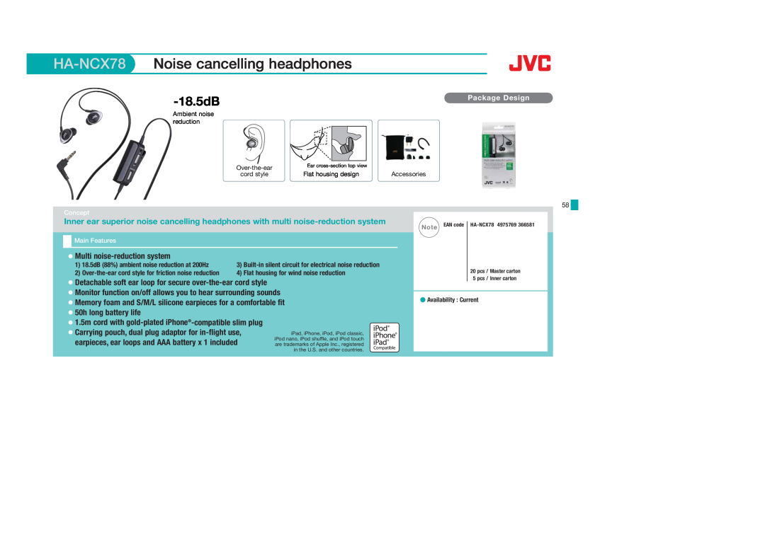 JVC HAFX40B HA-NCX78, Noise cancelling headphones, 18.5dB, Ambient noise, reduction, Over-the-ear, Flat housing design 