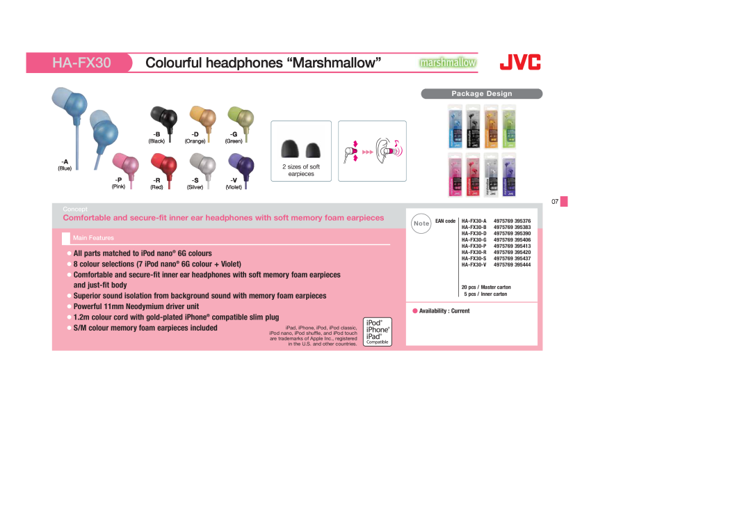 JVC HA-S600-W, HAS400W, HAS400B, HAFX40B, HAFX101R, HAFX5B, HAFX101B, HAFX101G, HAF10C HA-FX30 Colourful headphones “Marshmallow” 