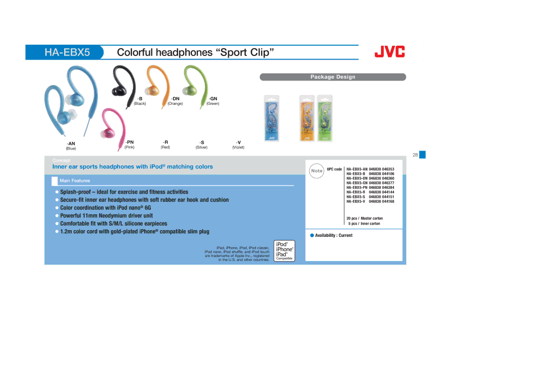 JVC HASR44X, HAS600A manual HA-EBX5, Colorful headphones Sport Clip, Splash-proof ideal for exercise and fitness activities 