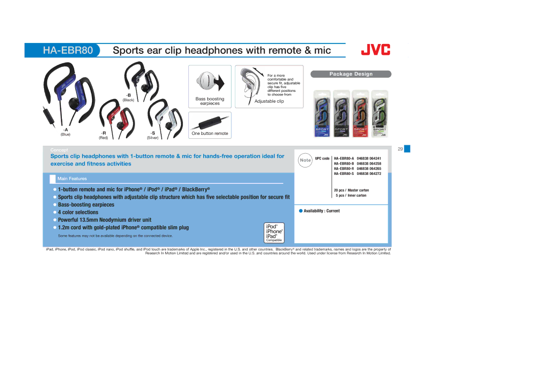 JVC HAS600A, HASR44X Button remote and mic for iPhone / iPod / iPad / BlackBerry, Bass-boosting earpieces Color selections 