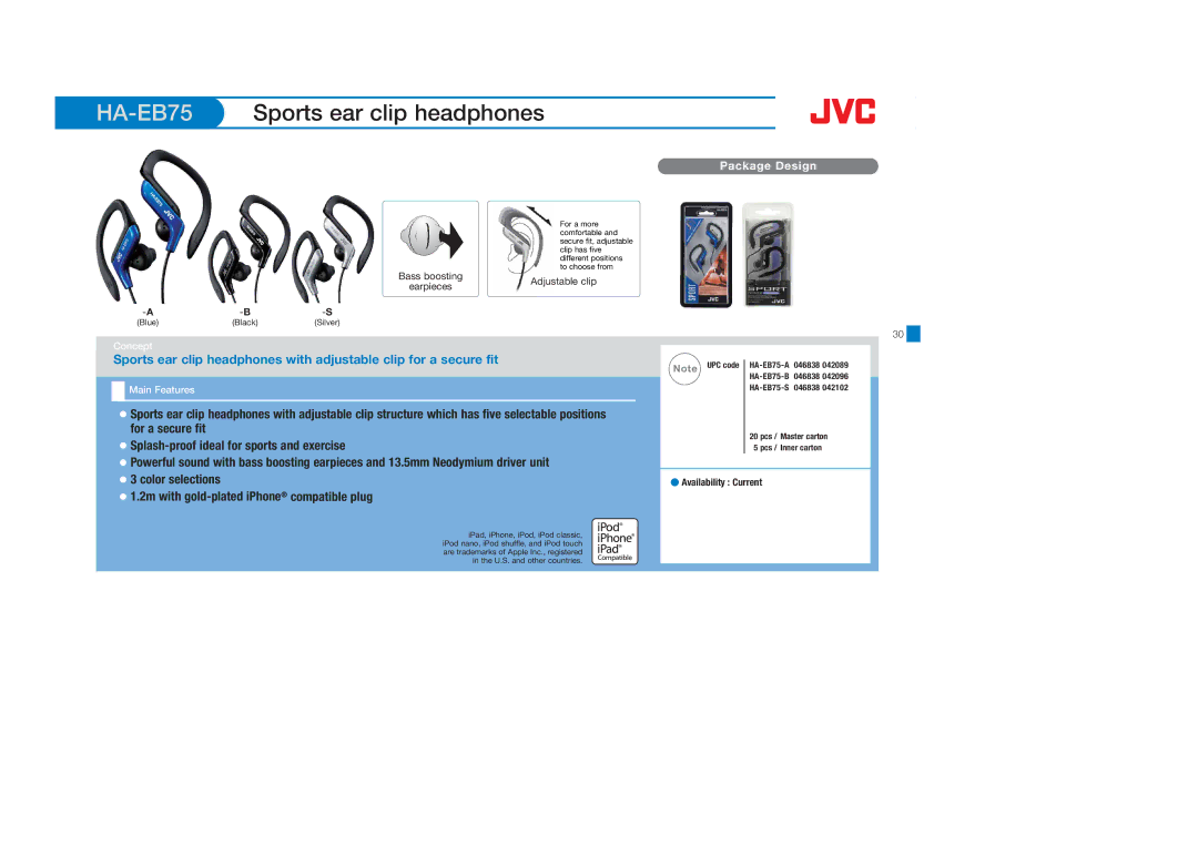 JVC HAFX8B, HASR44X, HAS600A, HAFX40R, HAFX30V, HAFX30A, HAFX22B, HASR500B, HAFX101B, HAFR36CT HA-EB75Sports ear clip headphones 