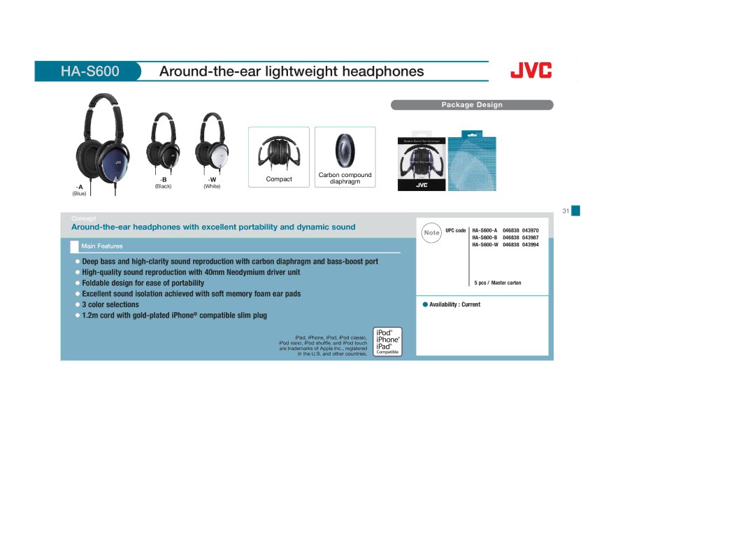 JVC HAFX40R, HASR44X, HAS600A, HAFX8B, HAFX30V, HAFX30A, HAFX22B, HASR500B, HAFX101B HA-S600Around-the-ear lightweight headphones 