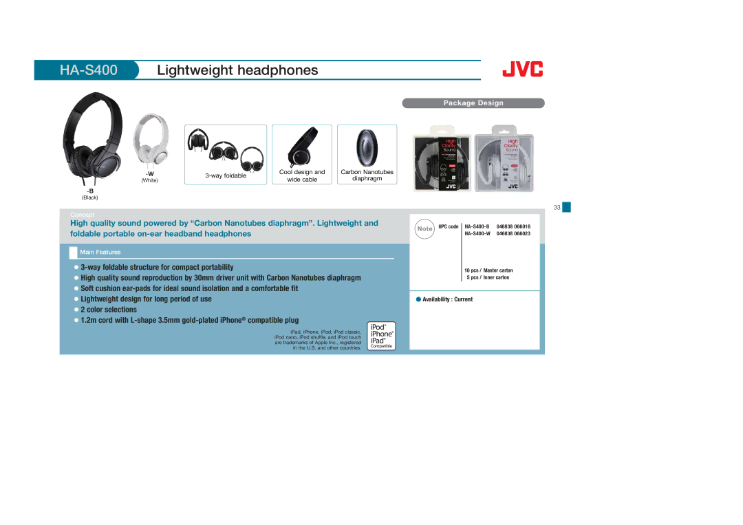 JVC HAFX30A, HASR44X, HAS600A, HAFX8B, HAFX40R, HAFX30V, HAFX22B, HASR500B, HAFX101B, HAFR36CT manual HA-S400Lightweight headphones 