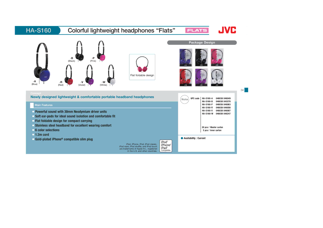 JVC HAFX22B, HASR44X, HAS600A, HAFX8B, HAFX40R, HAFX30V, HAFX30A, HASR500B, HAFX101B HA-S160Colorful lightweight headphones Flats 