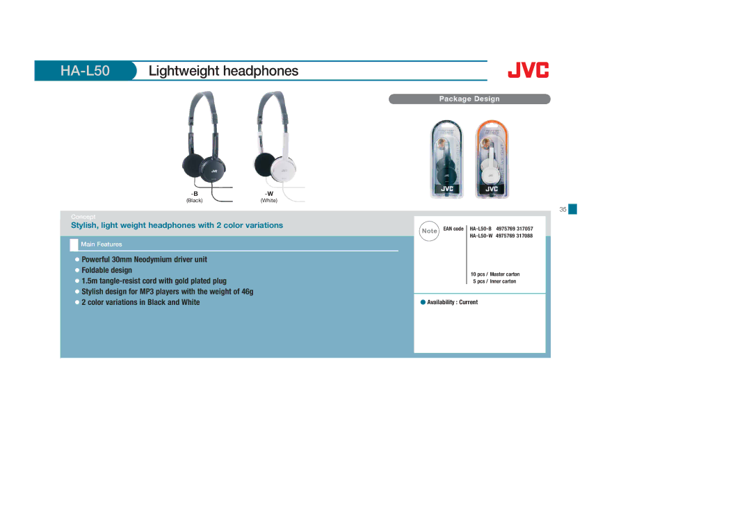 JVC HASR500B, HASR44X, HAS600A, HAFX8B, HAFX40R, HAFX30V, HAFX30A, HAFX22B, HAFX101B, HAFR36CT, HAFX5V HA-L50Lightweight headphones 