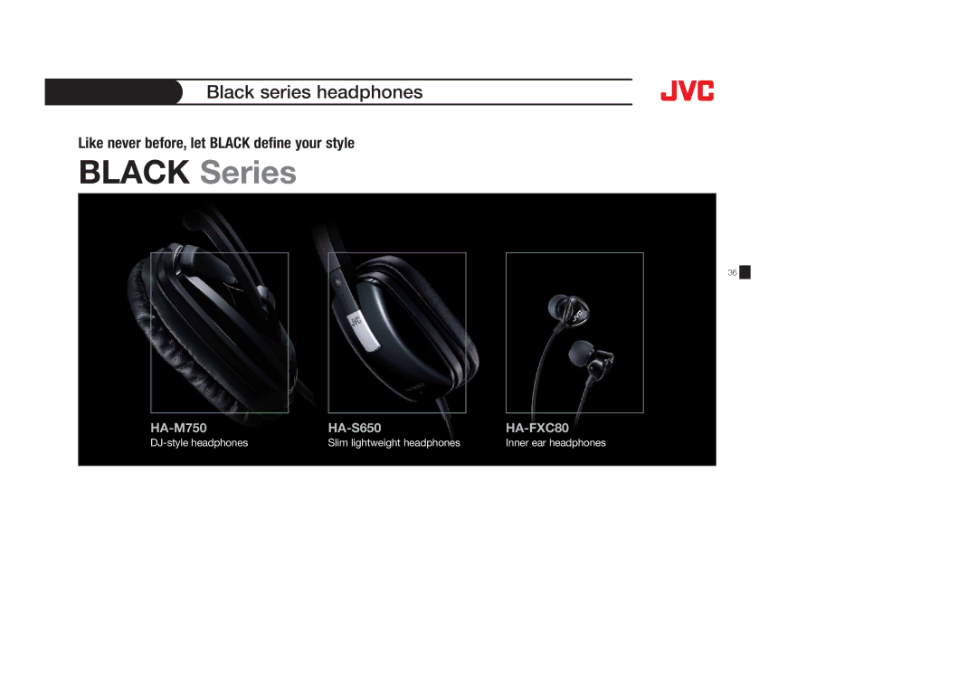 JVC HAFX101B, HASR44X, HAS600A, HAFX8B, HAFX40R, HAFX30V, HAFX30A, HAFX22B, HASR500B, HAFX5V Black Series, Black series headphones 