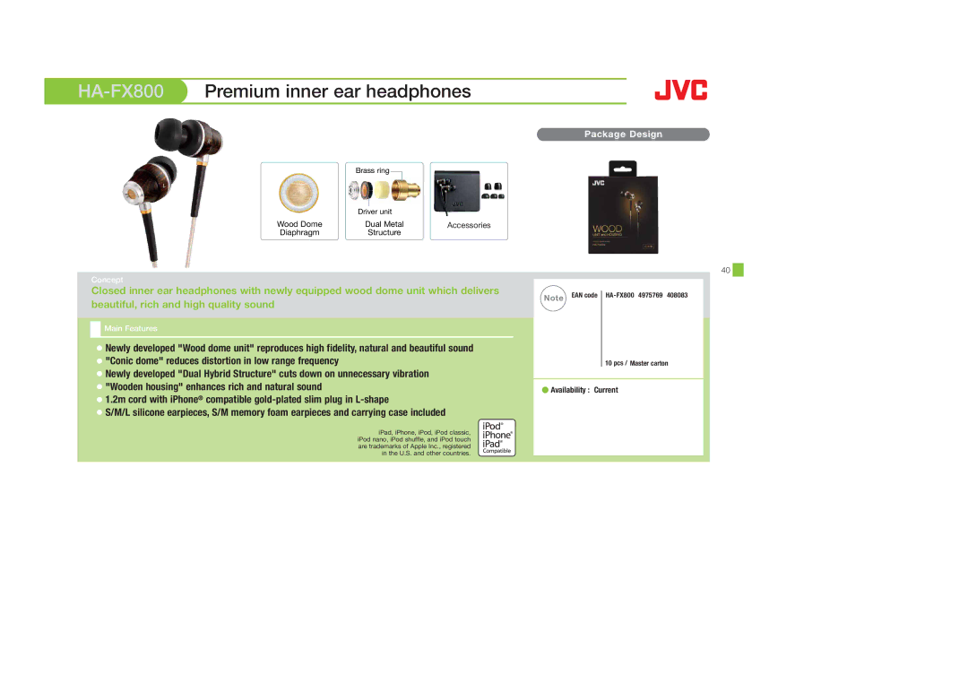 JVC HAFR201R, HASR44X, HAS600A, HAFX8B, HAFX40R, HAFX30V, HAFX30A, HAFX22B, HASR500B, HAFX5V HA-FX800Premium inner ear headphones 