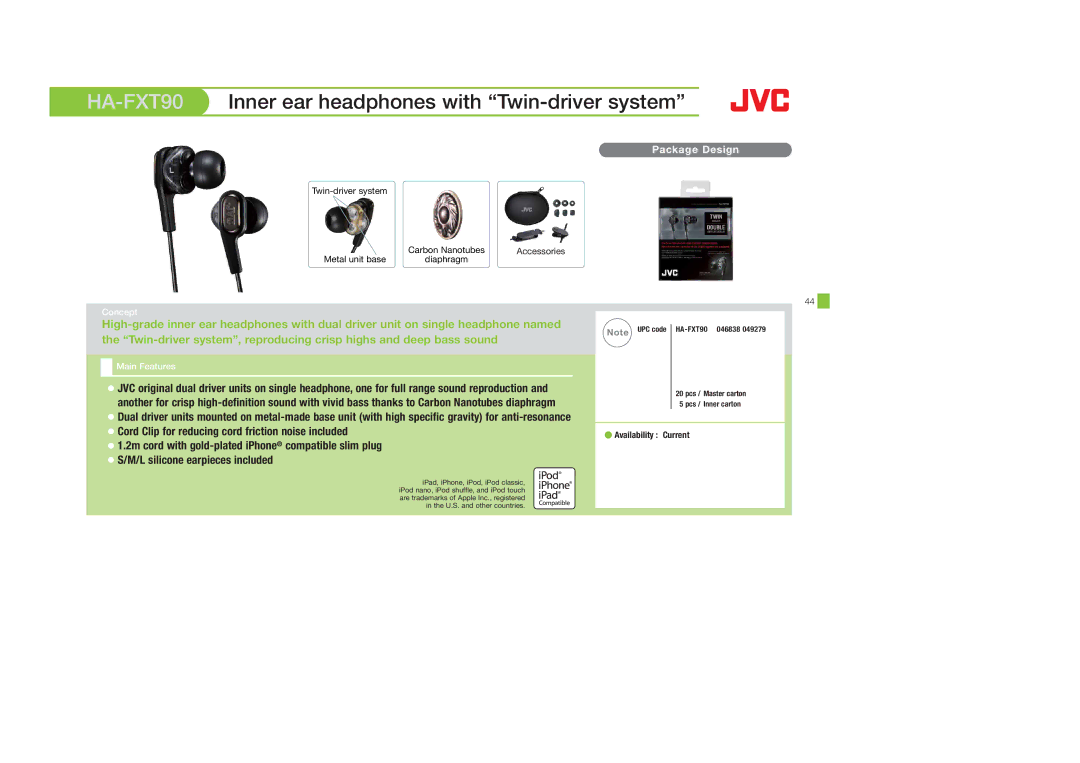 JVC HAF150A HA-FXT90, Inner ear headphones with Twin-driver system, Cord Clip for reducing cord friction noise included 