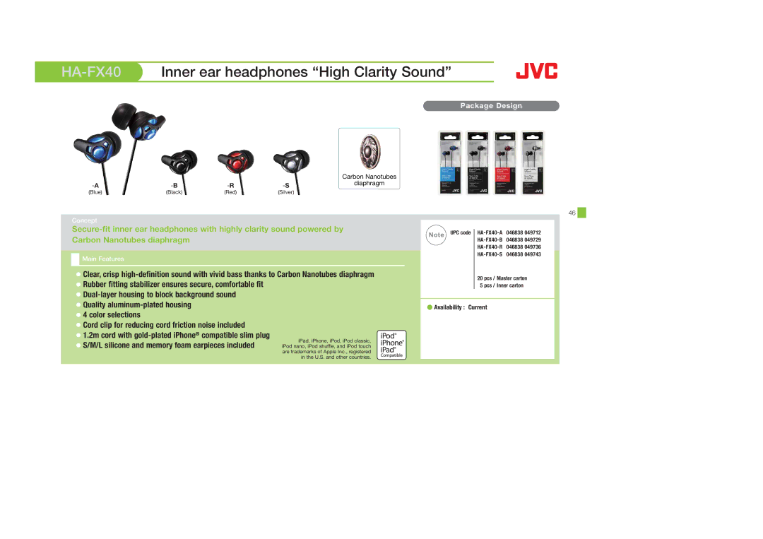 JVC HAF150W HA-FX40Inner ear headphones High Clarity Sound, Rubber fitting stabilizer ensures secure, comfortable fit 