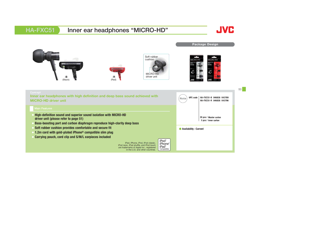 JVC HAEBX5B, HASR44X, HAS600A, HAFX8B, HAFX40R, HAFX30V, HAFX30A, HAFX22B, HASR500B manual HA-FXC51, Inner ear headphones MICRO-HD 