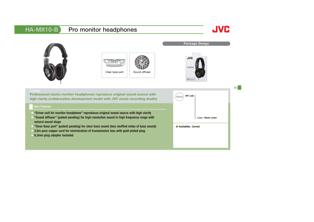 JVC HAEBR80R, HASR44X, HAS600A, HAFX8B manual HA-MX10-BPro monitor headphones, Natural sound stage, 3mm plug adapter included 