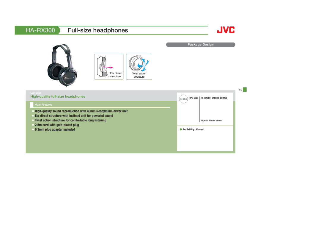 JVC HAFX30V, HASR44X, HAS600A, HAFX8B, HAFX40R, HAFX30A, HAFX22B, HASR500B, HAFX101B, HAFR36CT, HAFX5V HA-RX300Full-size headphones 