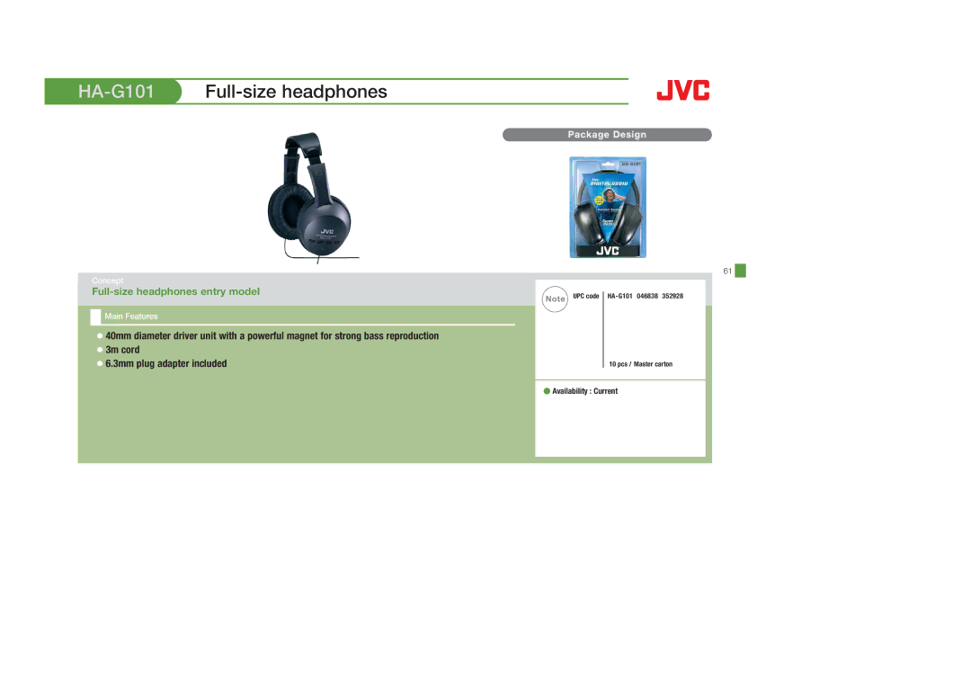 JVC HAFX30A, HASR44X, HAS600A, HAFX8B, HAFX40R, HAFX30V, HAFX22B HA-G101Full-size headphones, Full-size headphones entry model 