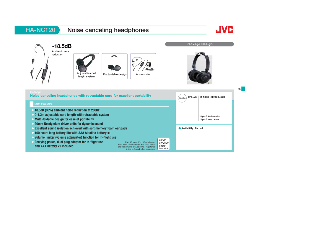 JVC HAFR201B, HASR44X, HAS600A, HAFX8B, HAFX40R, HAFX30V, HAFX30A, HAFX22B, HASR500B HA-NC120Noise canceling headphones, 18.5dB 