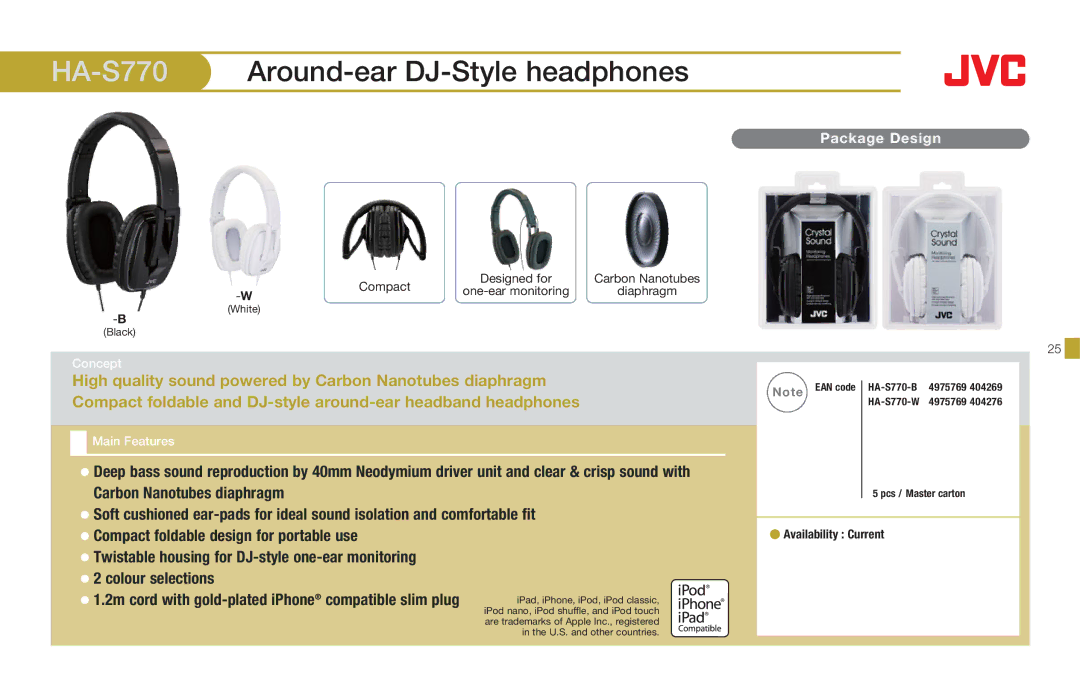 JVC HAFX8Z, HASR500W, HAS660W, HAS660B, HARX500, HAS200B, HAEB75B manual HA-S770Around-ear DJ-Style headphones 