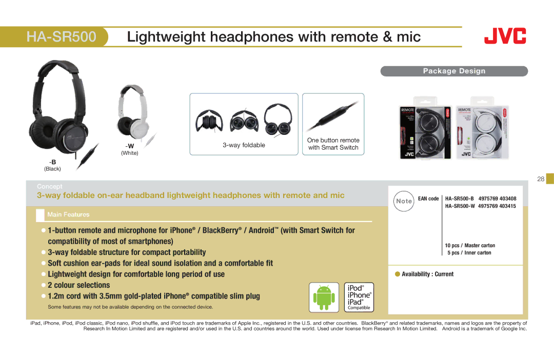 JVC HASR500W, HAS660W, HAS660B, HARX500, HAFX8Z, HAS200B, HAEB75B manual HA-SR500Lightweight headphones with remote & mic 