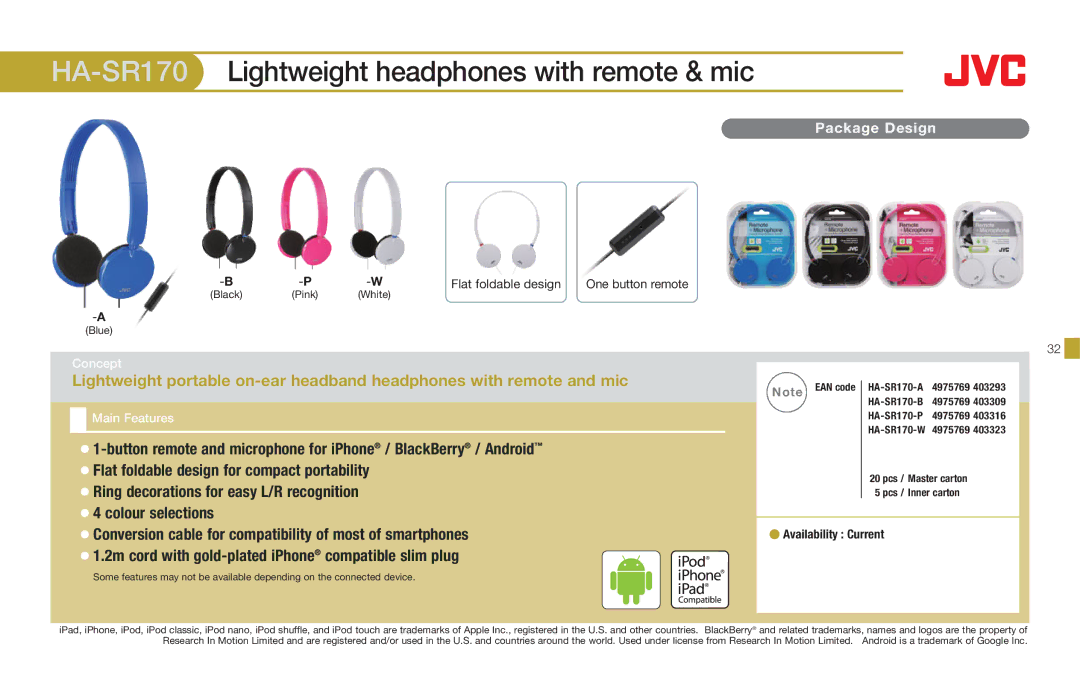 JVC HAFX8Z, HASR500W manual HA-SR170Lightweight headphones with remote & mic, Flat foldable design for compact portability 