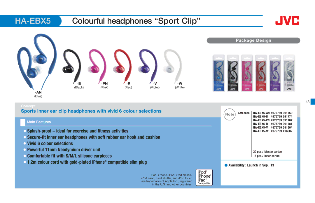 JVC HAS660W, HASR500W HA-EBX5, Colourful headphones Sport Clip, Splash-proof ideal for exercise and fitness activities 