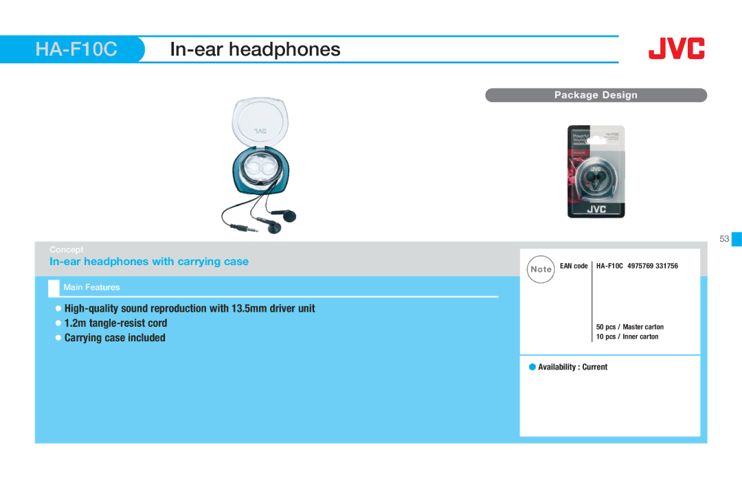 JVC HAFX8Z, HASR500W, HAS660W, HAS660B, HARX500, HAS200B manual HA-F10CIn-ear headphones, In-ear headphones with carrying case 