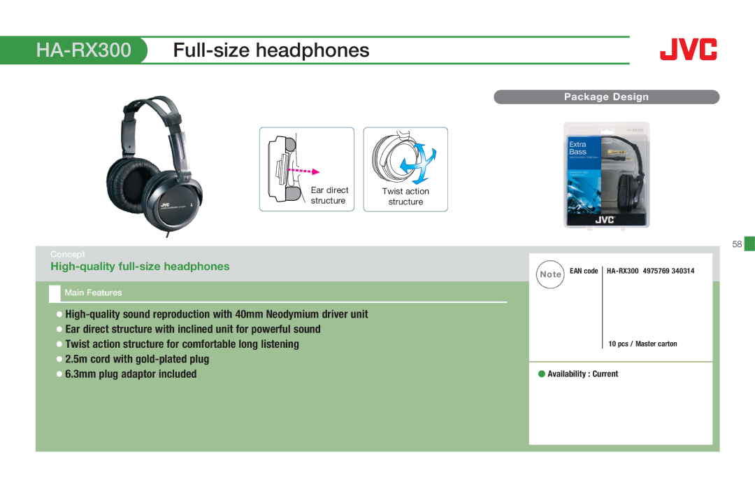 JVC HAS660B, HASR500W, HAS660W, HARX500, HAFX8Z, HAS200B, HAEB75B manual HA-RX300Full-size headphones 