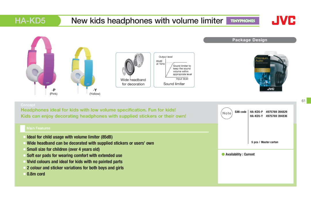 JVC HAS200B, HASR500W, HAS660W, HAS660B, HARX500, HAFX8Z, HAEB75B manual HA-KD5, New kids headphones with volume limiter 