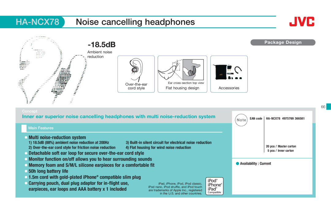 JVC HARX500, HASR500W, HAS660W, HAS660B, HAFX8Z, HAS200B, HAEB75B HA-NCX78, Multi noise-reduction system, 50h long battery life 