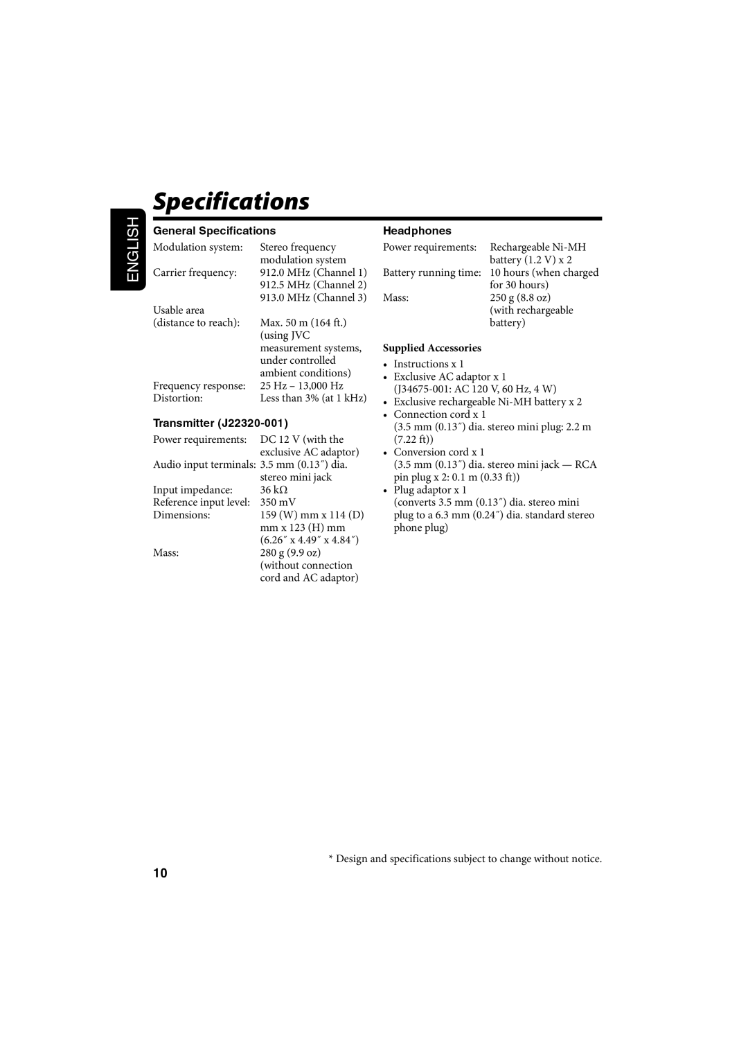 JVC HAW600RF, HA-W600RF manual General Specifications, Transmitter J22320-001, Headphones 