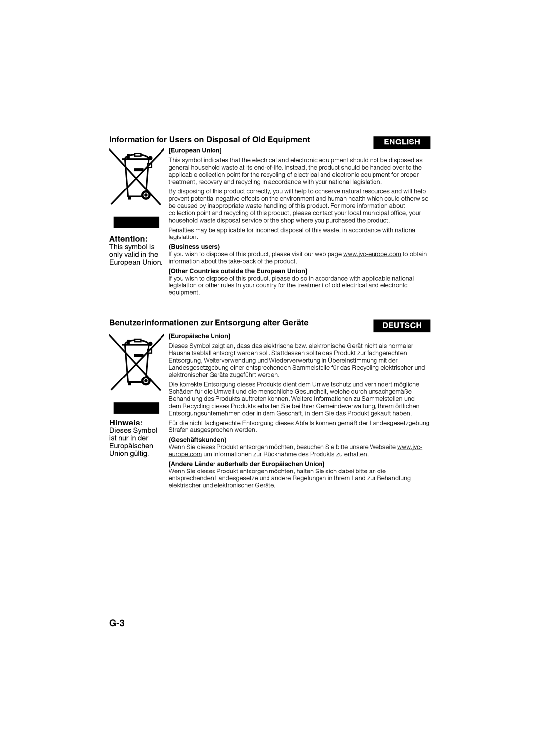 JVC HA-W600RF manual Information for Users on Disposal of Old Equipment, Benutzerinformationen zur Entsorgung alter Geräte 