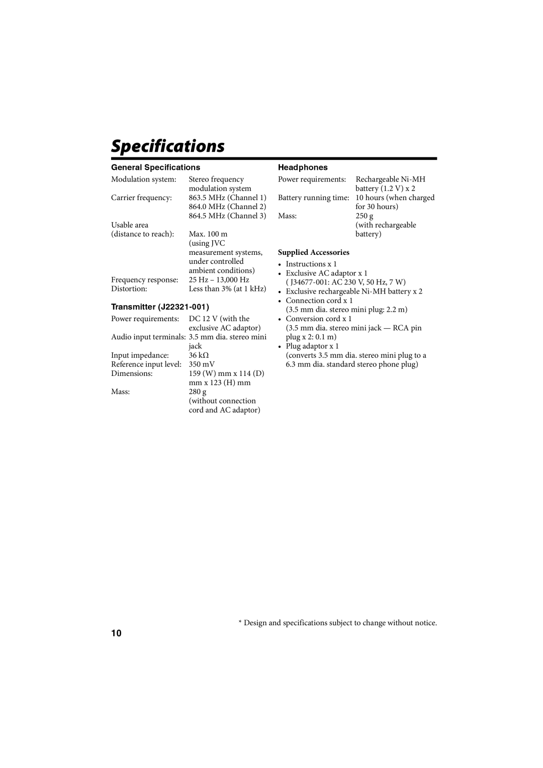 JVC HAW600RF, HA-W600RF manual Specifications 