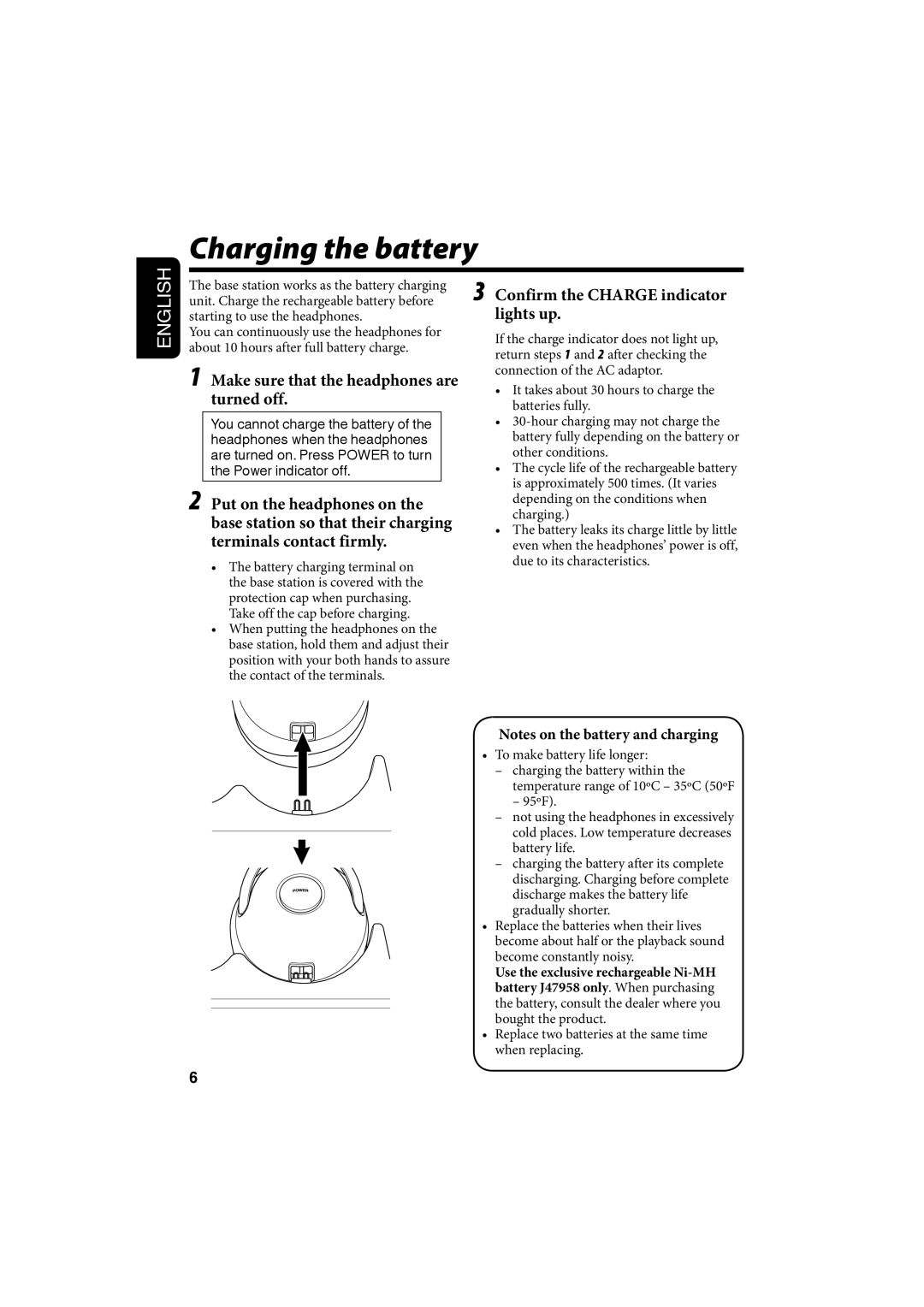 JVC HAW600RF manual Charging the battery, Confirm the CHARGE indicator, lights up, turned off, Put on the headphones on the 