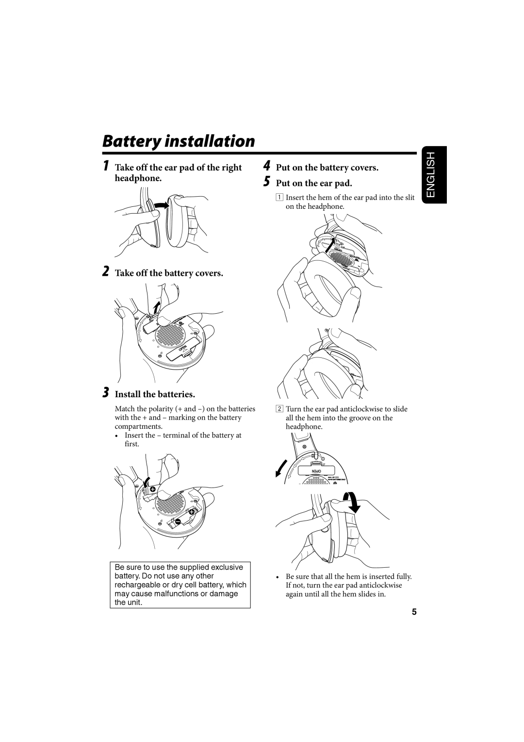 JVC HA-W600RF Battery installation, 1Take off the ear pad of the right headphone, 2Take off the battery covers, English 