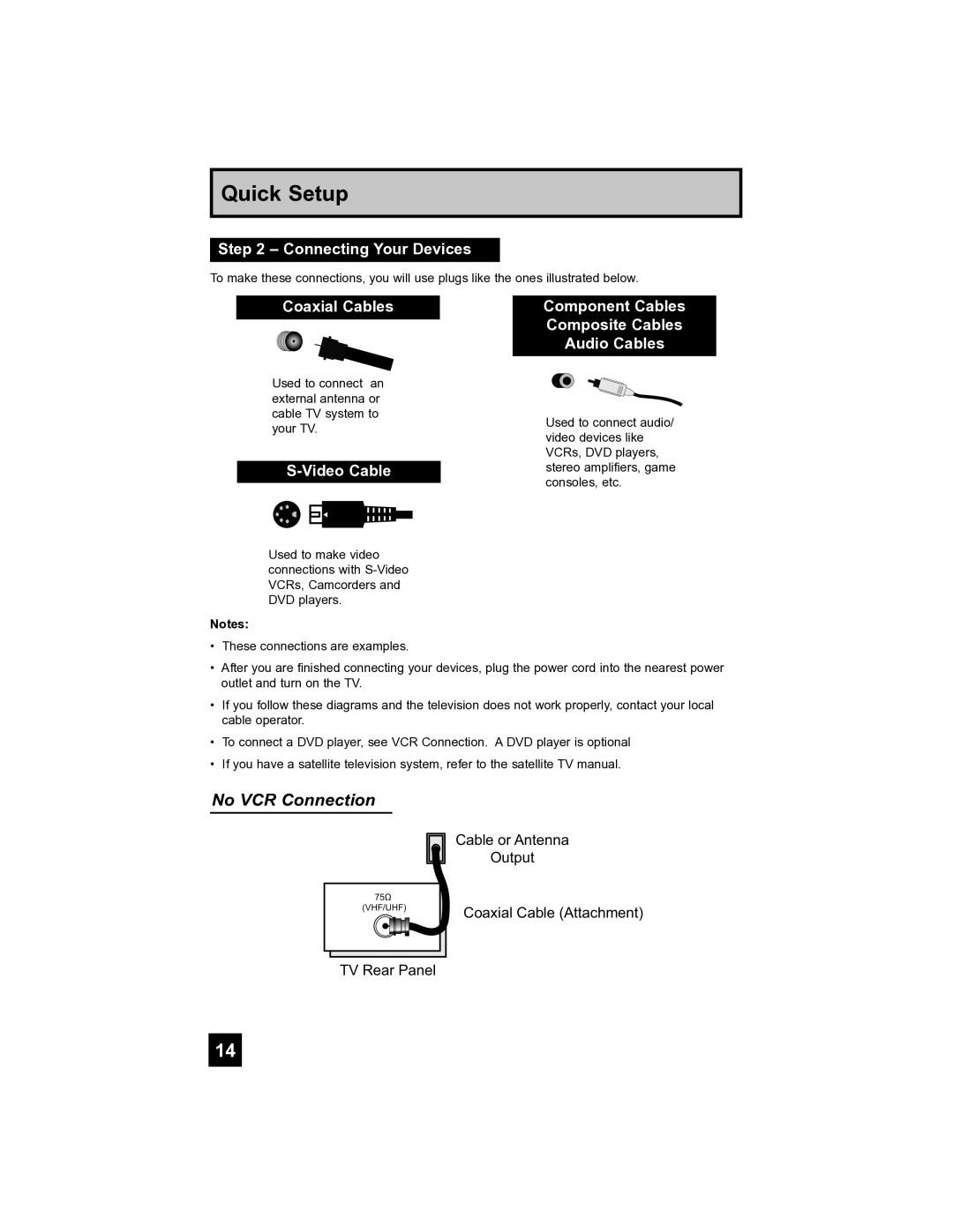 JVC HD-52FA97 manual Connecting Your Devices, Coaxial Cables, Video Cable, Component Cables Composite Cables Audio Cables 