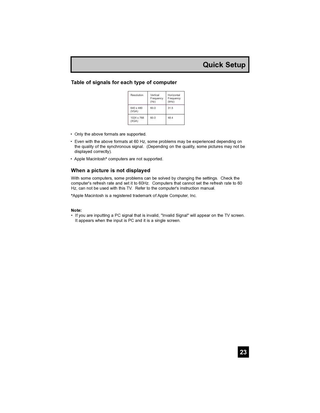 JVC HD-52FA97 manual Table of signals for each type of computer, When a picture is not displayed 