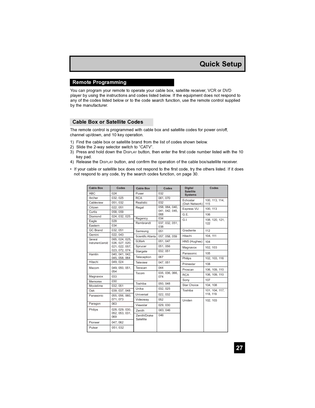 JVC HD-52FA97 manual Remote Programming, Cable Box or Satellite Codes 