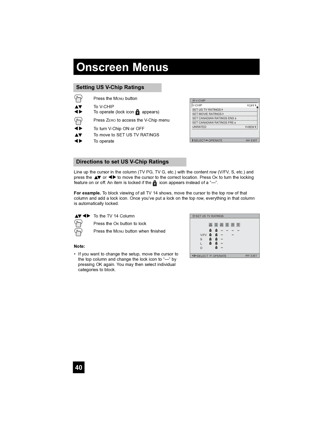 JVC HD-52FA97 manual Setting US V-Chip Ratings, Directions to set US V-Chip Ratings 