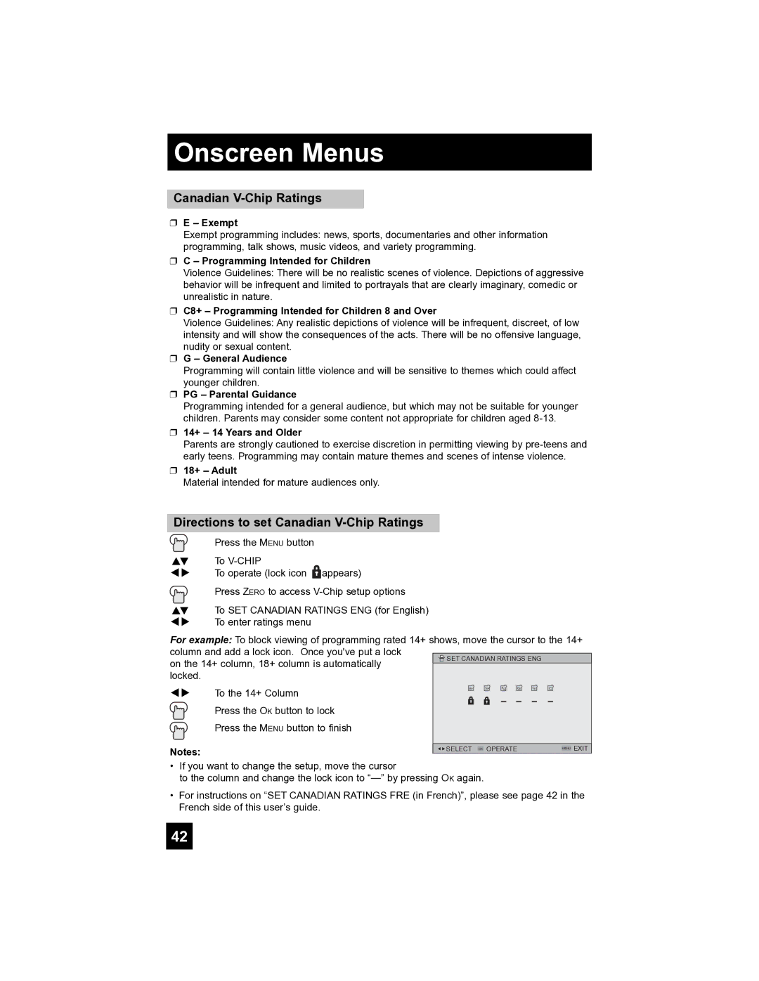 JVC HD-52FA97 manual Directions to set Canadian V-Chip Ratings 