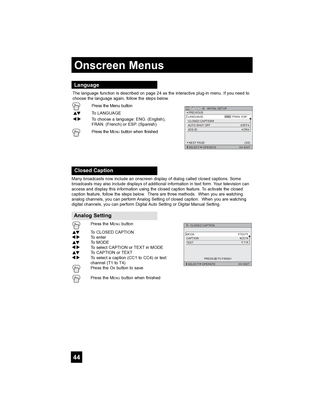 JVC HD-52FA97 manual Language, Closed Caption, Analog Setting 