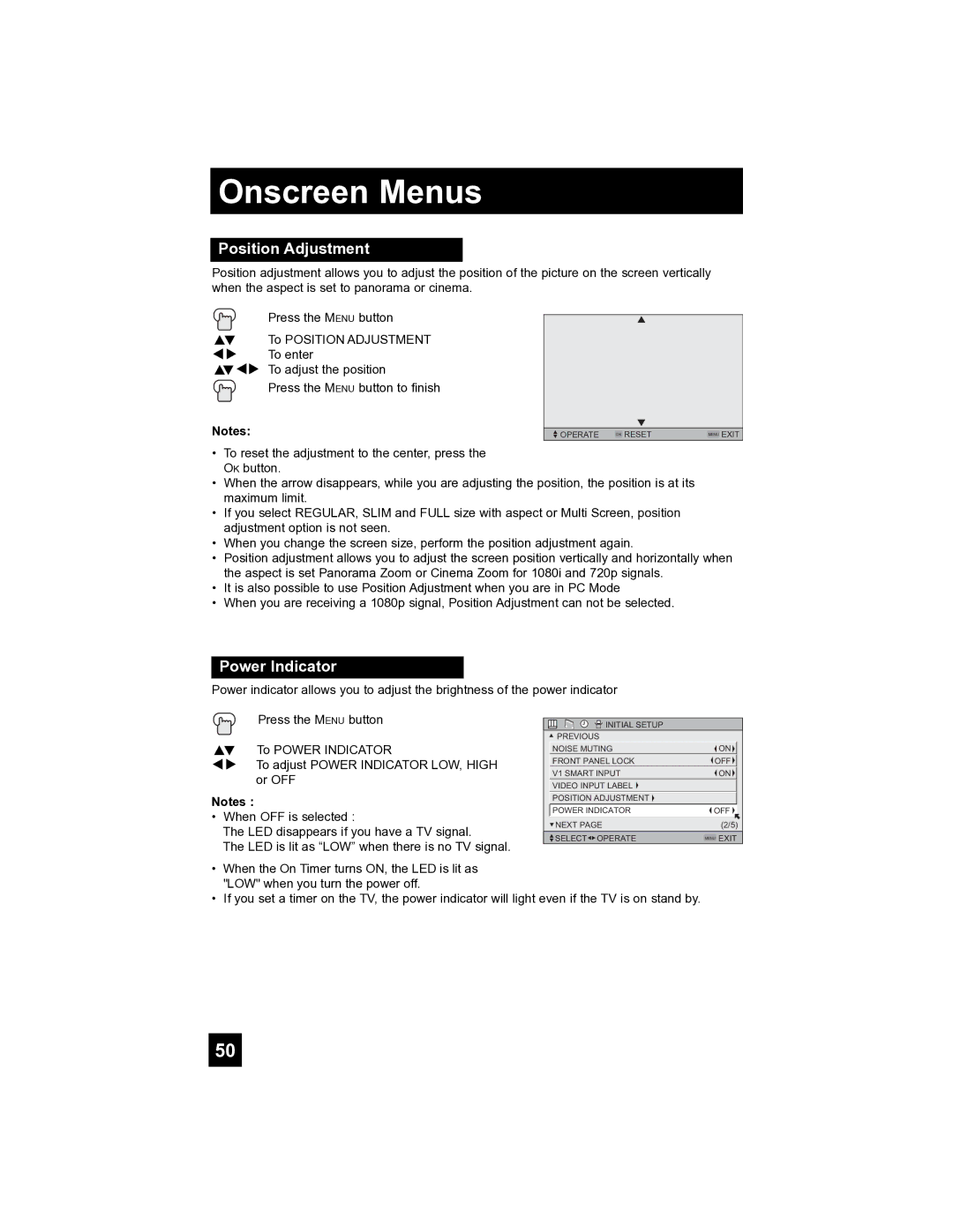 JVC HD-52FA97 manual Position Adjustment, Power Indicator 