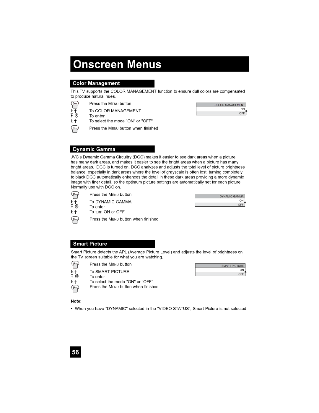 JVC HD-52FA97 manual Color Management, Dynamic Gamma, Smart Picture 