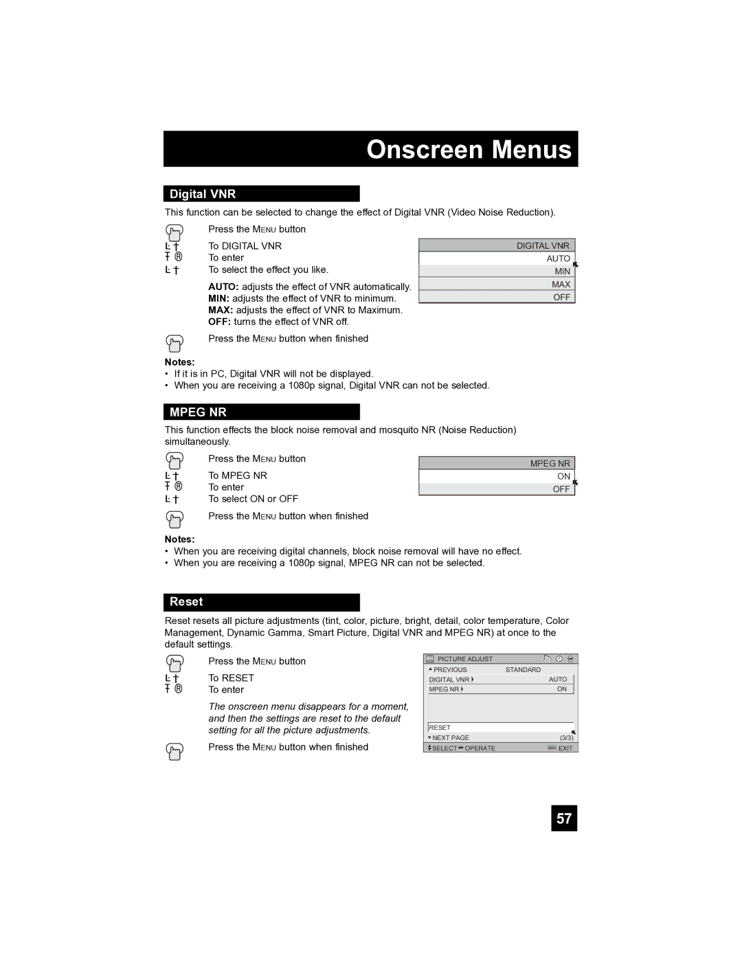 JVC HD-52FA97 manual Digital VNR, Reset 