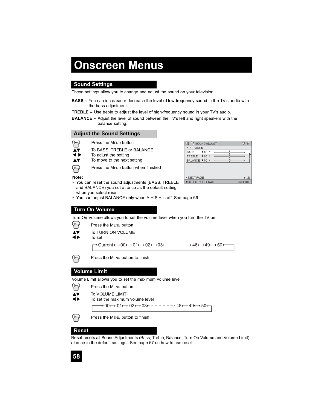 JVC HD-52FA97 manual Adjust the Sound Settings, Turn On Volume, Volume Limit 