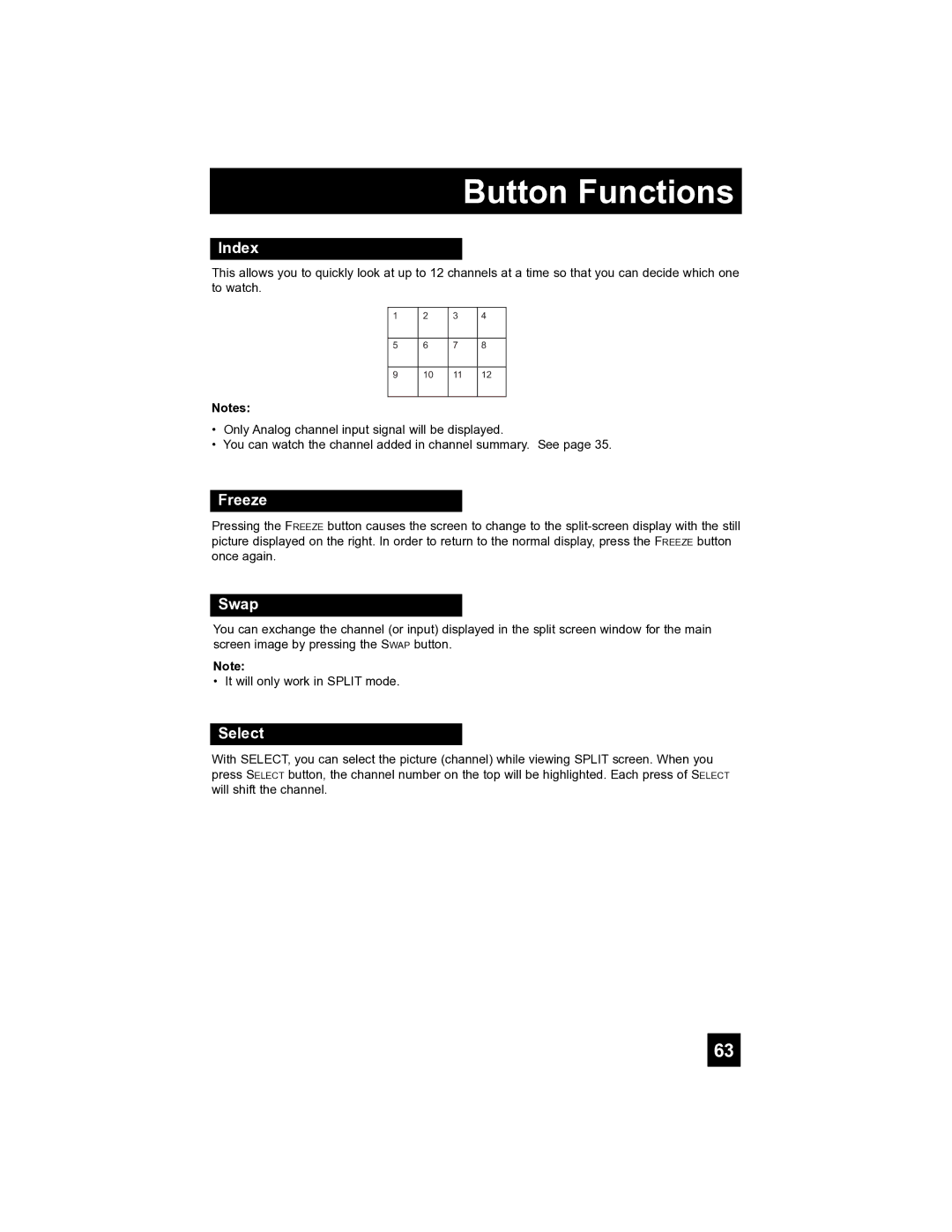 JVC HD-52FA97 manual Index, Freeze, Swap, Select 