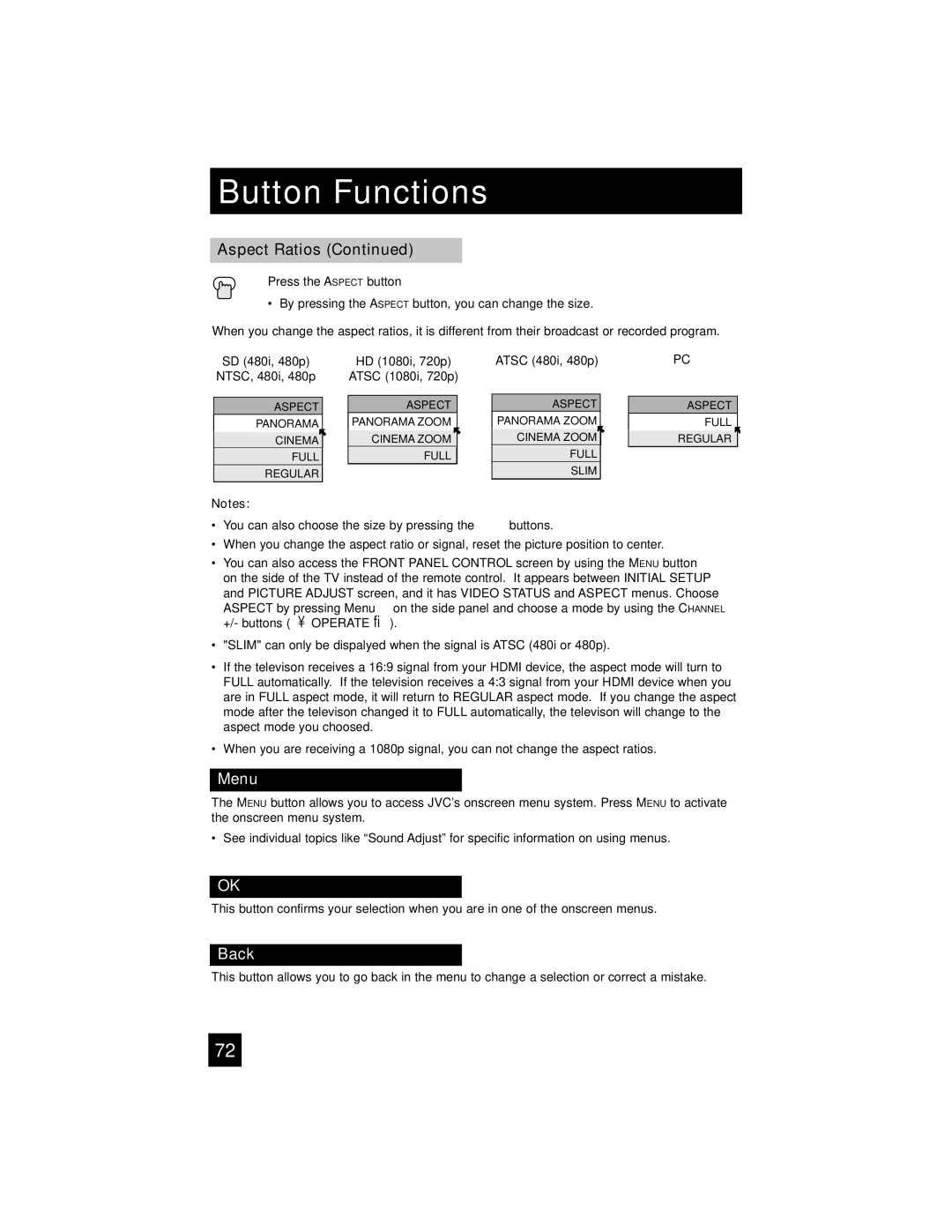 JVC HD-52FA97 manual Menu, Back 