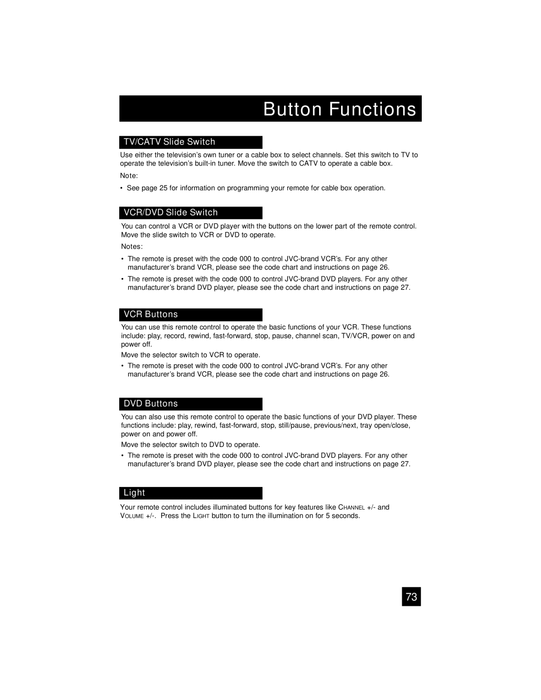 JVC HD-52FA97 manual TV/CATV Slide Switch, VCR/DVD Slide Switch, VCR Buttons, DVD Buttons, Light 